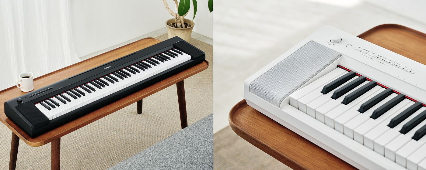 a split image showing two different keyboard pianos; on the left, a black digital piano on a brown wooden table next to a white coffee cup and on the right, a close-up of a white digital piano on a similar table, highlighting the keys and control panel.