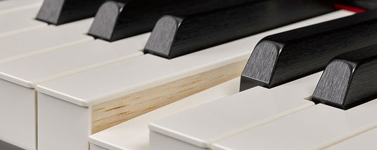 Close-up of piano keys showing both white and black keys with a shallow depth of field.