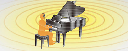 Illustration of an abstract human figure wearing headphones and playing a grand piano with sound waves emanating from the instrument on a yellow background.