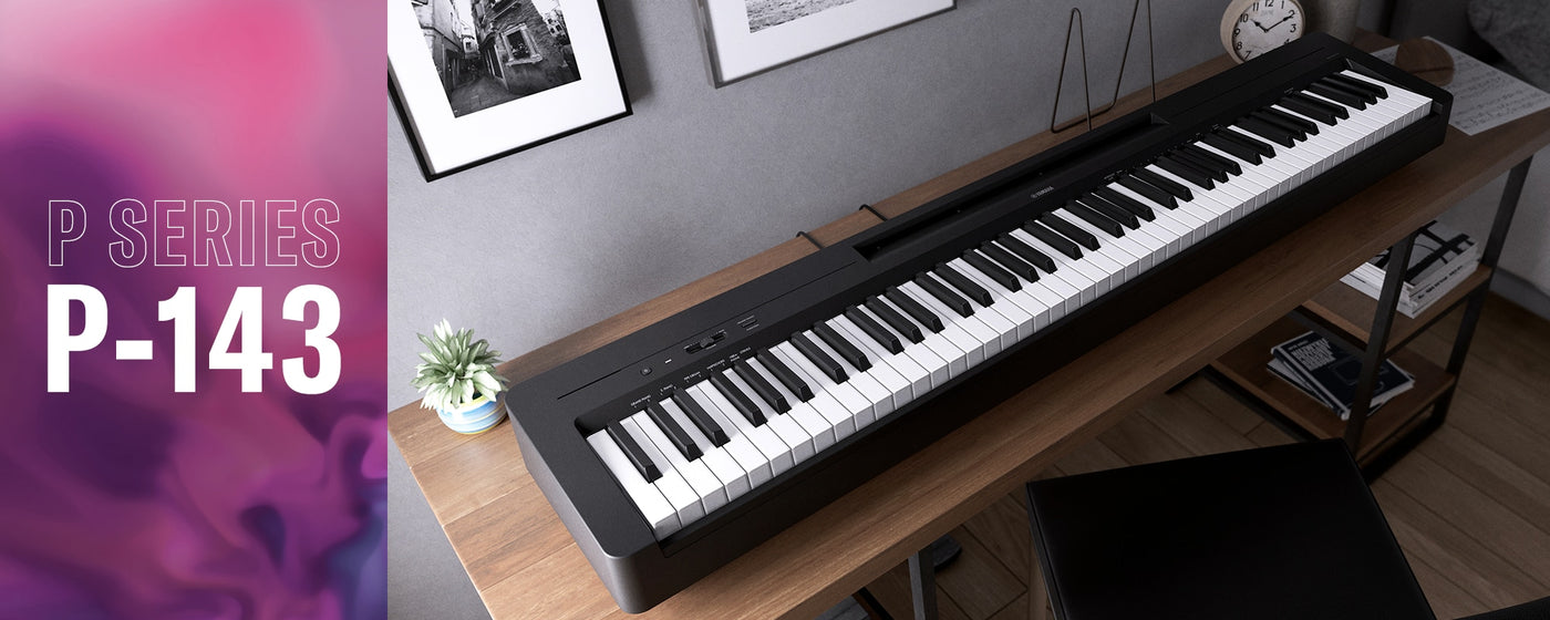 electronic keyboard (p-143) on a wooden stand in a modern living room with decorative items and wall art.