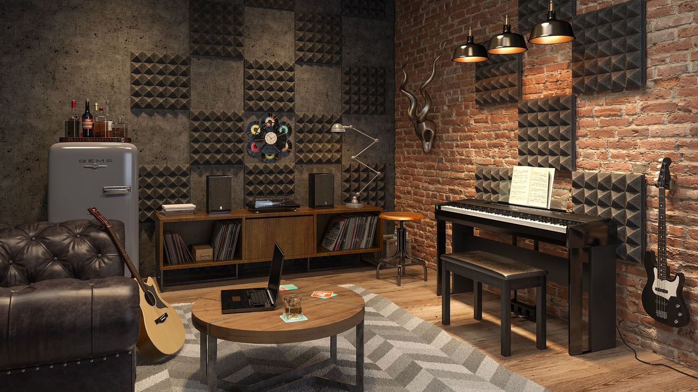 A stylish music room with acoustic panels on the wall, a modern digital piano with sheet music on the stand, an electric guitar leaning against the wall, and a variety of other musical equipment and decor suggesting a contemporary home studio setup.
