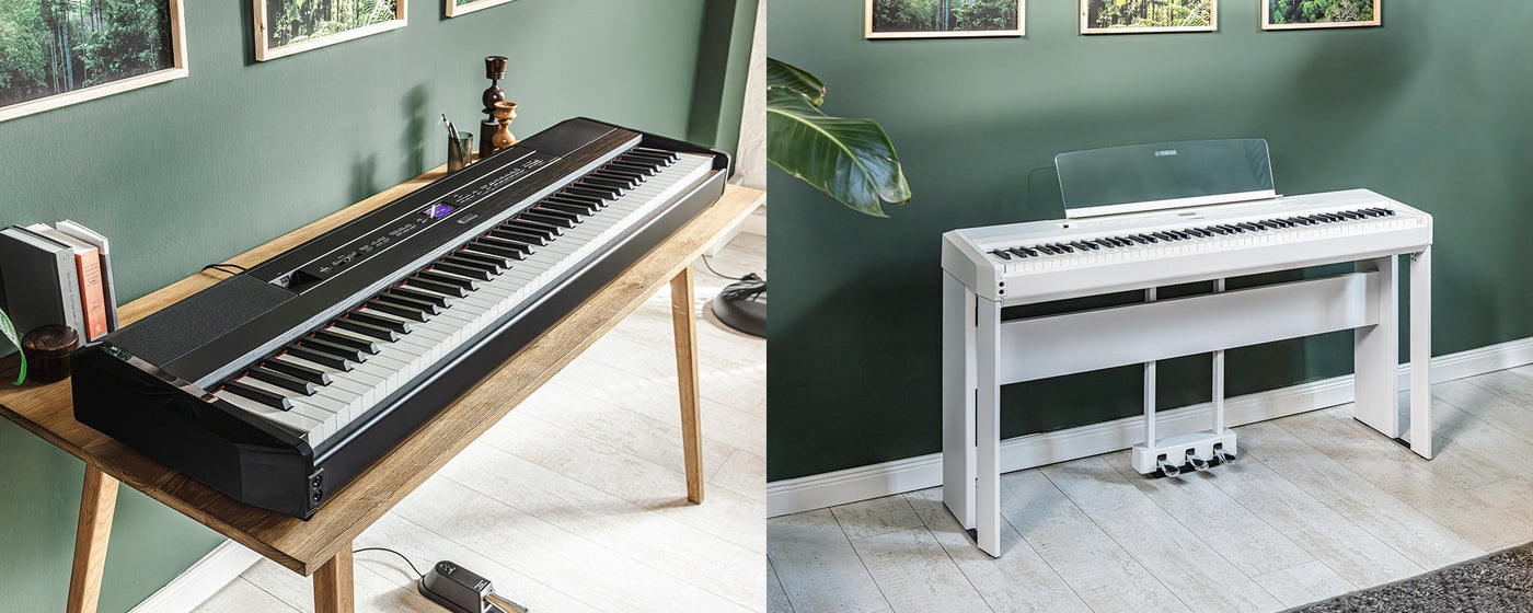 two digital pianos in a home setting: on the left, a black digital piano on a wooden stand with books and decorations, and on the right, a white digital piano on a white stand with a laptop on its music rest.