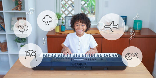 Smiling child playing a Yamaha digital piano at home with music-themed icons floating around.