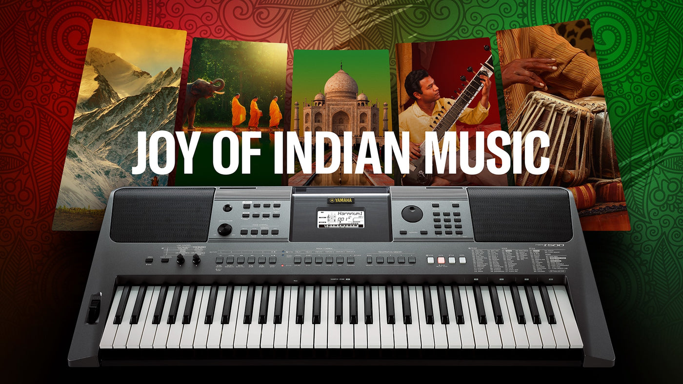 collage of indian cultural elements with a focus on music, featuring a keyboard in the foreground, images of the taj mahal, a sitar player, classical indian dancers, a tabla player, and scenic views of mountains in the background, all under the title "joy of indian music".
