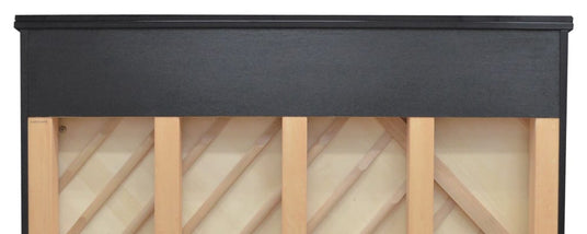 Close-up of a black piano's music stand and wooden support structure, showcasing the craftsmanship and design details specific to piano manufacturing.