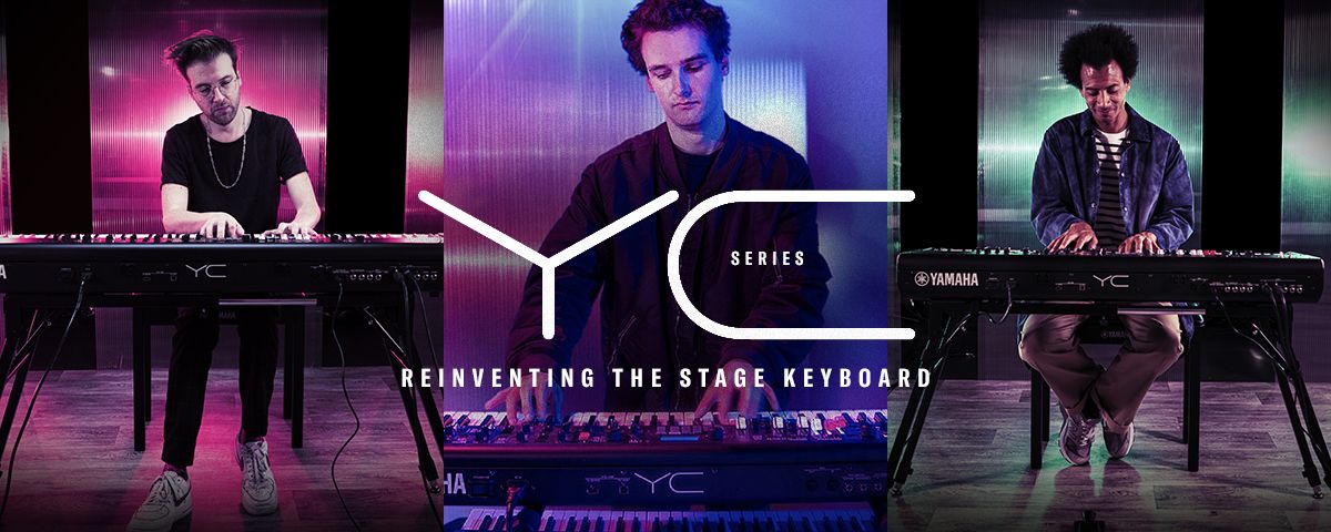 three musicians playing yamaha yc series stage keyboards against a backdrop of vivid colored lights with text "yc series - reinventing the stage keyboard".