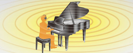 Illustration of a silhouette of a person with headphones playing a grand piano with stylized sound waves emanating from it against a yellow background.