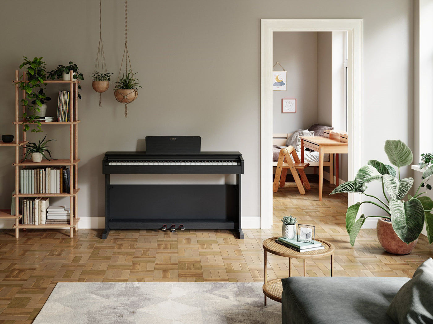 Modern digital piano situated in a cozy living room setting with a shelving unit filled with books, indoor plants on a stand, and a small study area visible through an open door in the background.