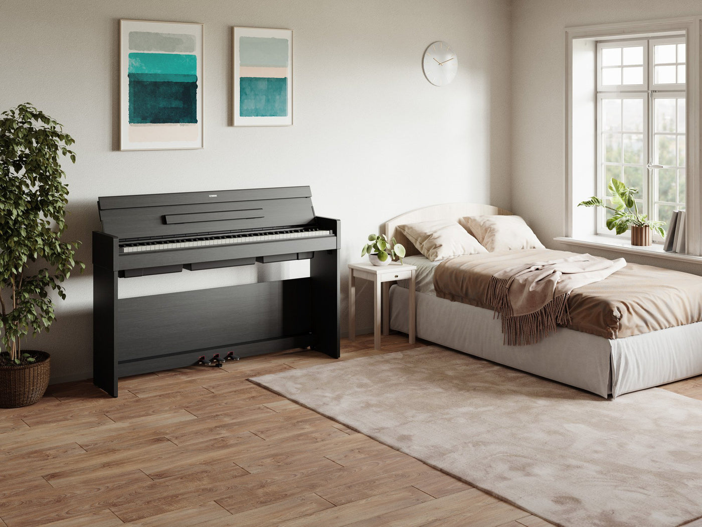 A modern black digital piano situated in a well-lit bedroom with minimalistic decor, wooden flooring, and a plant adding a touch of greenery.