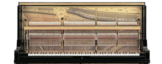 Side profile of a grand piano with its internal mechanics and strings exposed, showcasing the intricate design and craftsmanship involved in piano manufacturing.