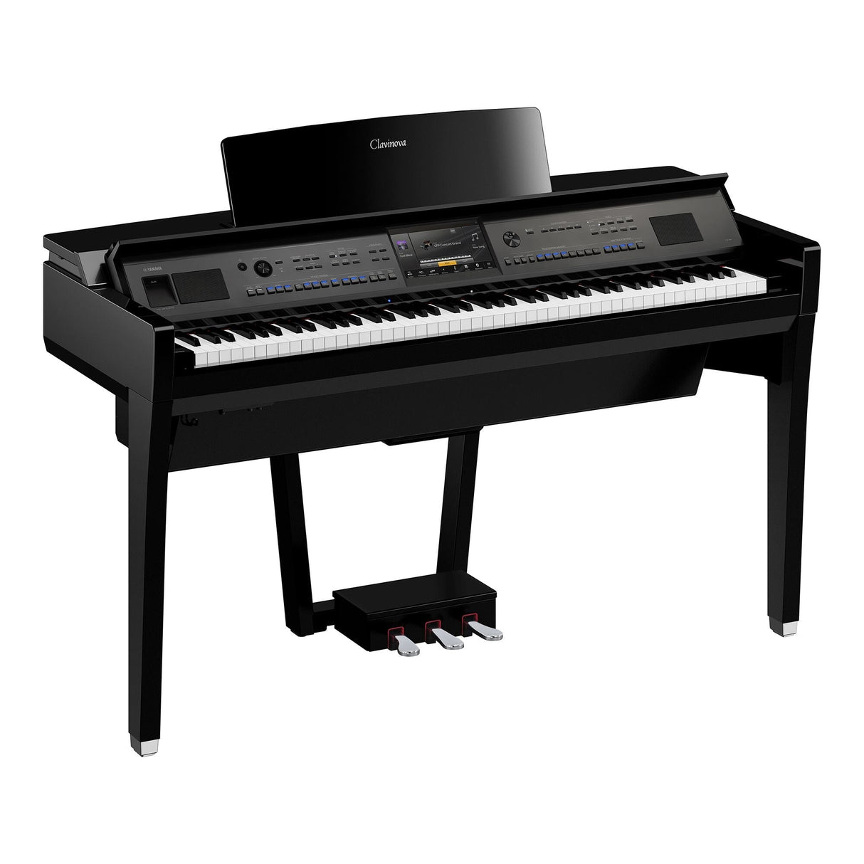 A modern black digital Clavinova piano with a full keyboard and multiple control options, displayed against a white background.