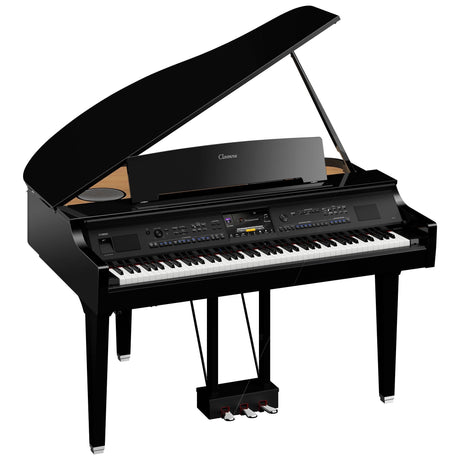 Black Clavinova digital grand piano with open lid, displaying its full keyboard and control panel.