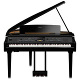Black digital grand piano with open lid, Clavinova brand, featuring a full keyboard and integrated control panel.
