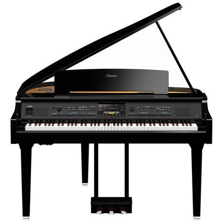 Black digital grand piano with open lid, Clavinova brand, featuring a full keyboard and integrated control panel.