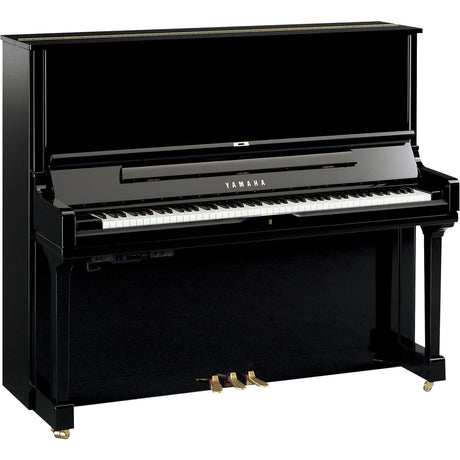 A new Yamaha upright piano with a high-gloss black finish, featuring a full keyboard, music stand, and brass pedals.